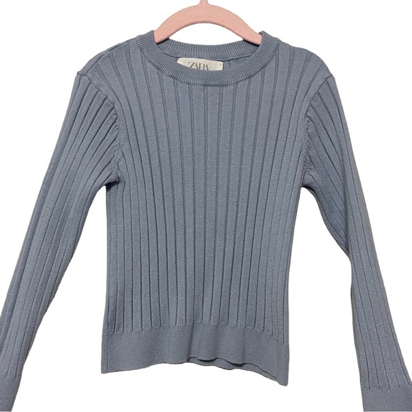 ZARA KIDS | Size 8 Ribbed Cropped Long Sleeve Shirt Slate Blue - Picture 1 of 7